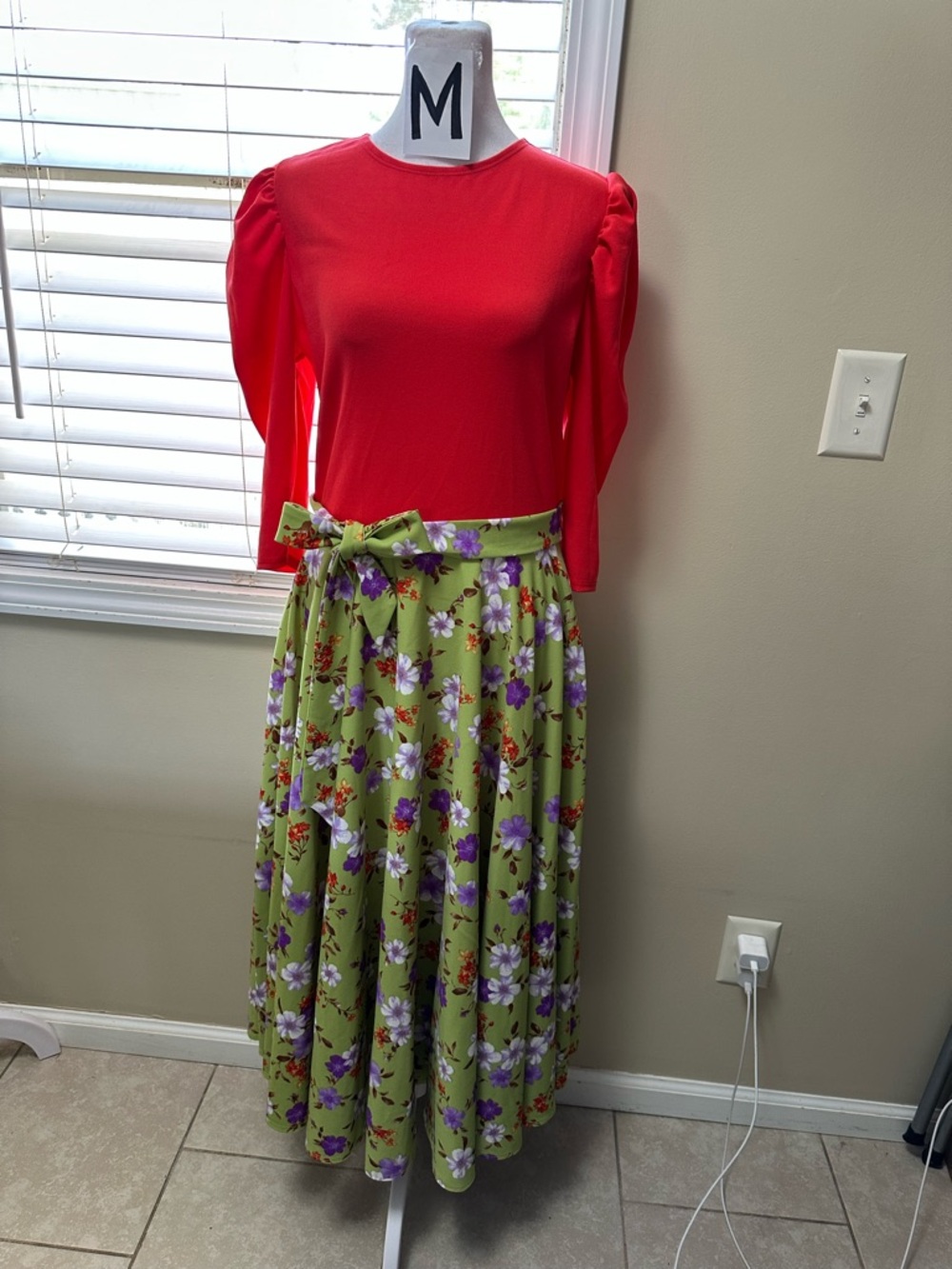Avital Red-Orange Top with Green Floral Midi Skirt